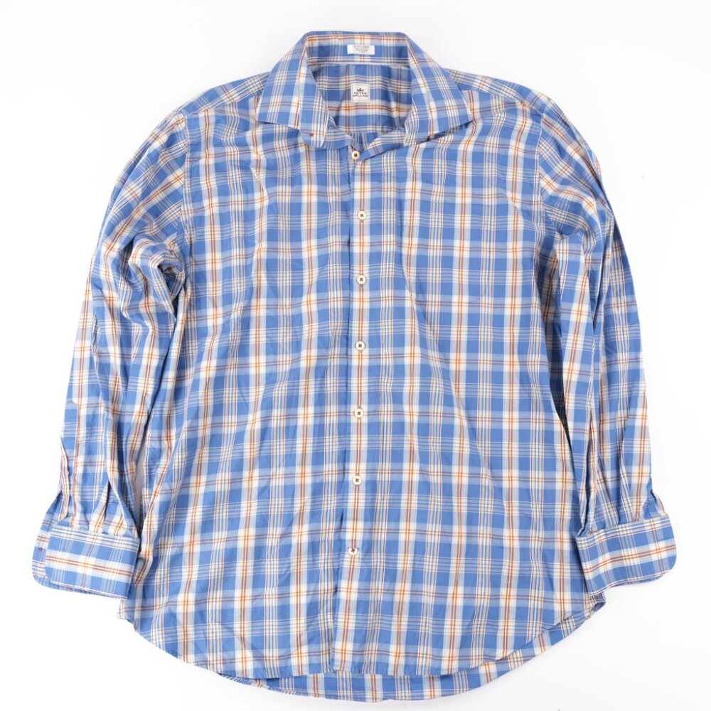 Peter Millar Sz. XL Mens Blue Multi-Color Plaid Spread Collar Shirt Crown Pocket